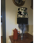 Peacock, butterfly velvet french drum lampshade, in black, with black fringe and braid