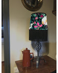 Geometric floral birds velvet french drum lampshade / ceiling light shade, with black fringe and braid
