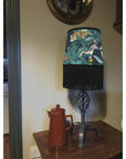 Jungle velvet french drum lampshade / ceiling light shade, with black fringe and braid