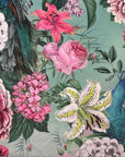 Peacock, floral velvet french drum lampshade, in blue, with black fringe and braid