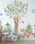 Woodland Watercolour Oak Pine Tree Decal with Animals - Bear, Fox, Raccoon, Rabbit, Squirrel, Porcupine