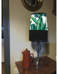 Leaves velvet in white, french drum lampshade / ceiling light shade, with black fringe and braid