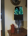 Leaves velvet in black, french drum lampshade / ceiling light shade, with black fringe and braid