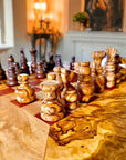 Handcrafted Olive Wood Chess Set with Drawer | Live Edge Red or Black Board