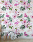 Pink Flamingo Floral Wallpaper | Pink Nursery Peel and Stick Removable Wallpaper | Baby Girl Blushing Pink Flamingo & Floral Décor
