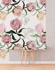 Blooming Peonies Wall Art | Removable Pale Wallpaper | Peony Blush Bouquet | Floral Wall Mural | Painting Wall Sticker | Floral Decal Flower