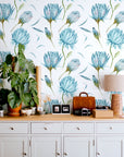 Blue Flowers Wallpaper | Green Leaves Nature Wall Art | Removable Wallpaper | Peel and Stick Wallpaper | Light Wallpaper | Home Decor
