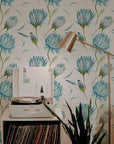 Blue Flowers Wallpaper | Green Leaves Nature Wall Art | Removable Wallpaper | Peel and Stick Wallpaper | Light Wallpaper | Home Decor