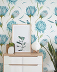 Blue Flowers Wallpaper | Green Leaves Nature Wall Art | Removable Wallpaper | Peel and Stick Wallpaper | Light Wallpaper | Home Decor