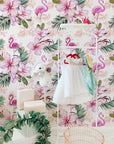 Pink Flamingo Floral Wallpaper | Pink Nursery Peel and Stick Removable Wallpaper | Baby Girl Blushing Pink Flamingo & Floral Décor