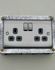 Brushed Steel Double Switched 13A Power Socket Grey Insert 230V 2 Gang 2G Socket Cast Metal Conduit Industrial