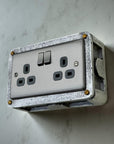 Brushed Steel Double Switched 13A Power Socket Grey Insert 230V 2 Gang 2G Socket Cast Metal Conduit Industrial