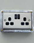 Brushed Steel Double Switched 13A Power Socket 230V 2 Gang 2G Socket Cast Metal Conduit Switch Industrial