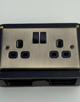 Antique Brass Double Gang Plug Socket with Industrial Black Cast Back Conduit Box