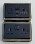 Matt Black Double Gang Plug Socket with Industrial Antique Brass Back Conduit Box