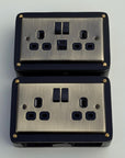 Antique Brass Double Gang Plug Socket with Industrial Black Cast Back Conduit Box