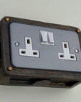 Grey Metal Clad Double Switched 13A Power Socket 230V 2 Gang Socket Antique Brass Conduit Switch