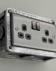 Brushed Steel Double Switched 13A Power Socket Grey Insert 230V 2 Gang 2G Socket Cast Metal Conduit Industrial
