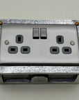 Brushed Steel Double Switched 13A Power Socket Grey Insert 230V 2 Gang 2G Socket Cast Metal Conduit Industrial