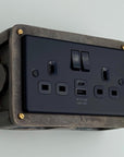 Matt Black Double Gang Plug Socket with Industrial Antique Brass Back Conduit Box