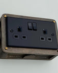 Matt Black Double Gang Plug Socket with Industrial Antique Brass Back Conduit Box