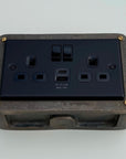Matt Black Double Gang Plug Socket with Industrial Antique Brass Back Conduit Box