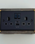 Matt Black Double Gang Plug Socket with Industrial Antique Brass Back Conduit Box