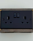 Matt Black Double Gang Plug Socket with Industrial Antique Brass Back Conduit Box