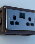 Black Nickel Double Switched 13A Power Socket 230V 13A 2 Gang 2G Solid Metal Antique Brass Conduit Switch