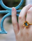 Real Wild Daisy Flower Silver Ring with Bright Blue Murano Glass, Handmade Nature Jewelry, Organic Botanical Band, Unique Gift for Nature Lovers, Sterling Silver 925