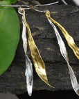 Real Olive Leaf Earrings, Handmade Statement Jewelry, Organic Forest Dangles, Nature's Gift for Luck & Health, Gold and Sterling Silver 925