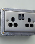 Brushed Steel Double Switched 13A Power Socket 230V 2 Gang 2G Socket Cast Metal Conduit Switch Industrial