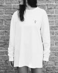 Premium loose fit white long sleeve shirt, handprinted organic cotton, luxury limited edition, stylish unisex design by WWOOLLFF CO. at brixbailey.com
