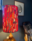 Botanical Cerise pink velvet cylinder lampshade, extra tall lampshade