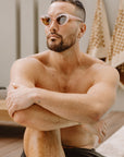 Fun Little Floss Pale Pink Cleo Cat Eye Frames with Light Tan Lenses & Gold Diamonds - UV Protection & Biodegradable by Reecy at brixbailey.com