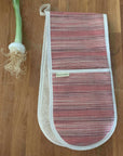 Luxury double oven glove in red and sandy cream stripes, premium handwoven cotton, limited edition, stylish cottage aesthetic by Maison Elhoria at brixbailey.com