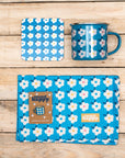 BLUE GIFT BUNDLE For Her Ocean Blue Retro Floral Enamel Cup Campervan Tin Mug Tea Towel Turquoise Colour Pop Home