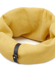a cozy golden neck warmer on a happy dog, soft cotton blend and a leather belt for a secure, comforting fit