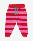 Premium pink and red striped organic cotton baby jogger pants, stylish and comfortable for playtime by Toby Tiger at brixbailey.com