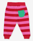 Premium pink and red striped organic cotton baby jogger pants, stylish and comfortable for playtime by Toby Tiger at brixbailey.com
