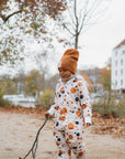 Winter Jumpsuit with Teddy Lining for Babies and Kids - Black and Orange Dots