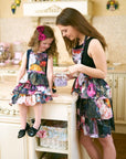 Black Floral Cotton Apron with Ruffles