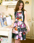 Black Floral Cotton Apron with Ruffles