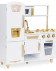 White and Gold Wooden Toy Kitchen for Pretend Play