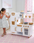 White and Gold Wooden Toy Kitchen for Pretend Play