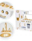 White and Gold Wooden Toy Kitchen for Pretend Play