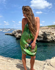 Large green silk scarf with mushroom and crystal, magical ‘Evissa’ print