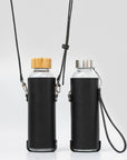 Leather Water Bottle Holder with Glass Bottle and Adjustable Strap