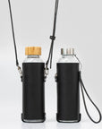 Leather Water Bottle Holder with Glass Bottle and Adjustable Strap