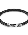 Silver Braided Leather Bracelet in Midnight Black